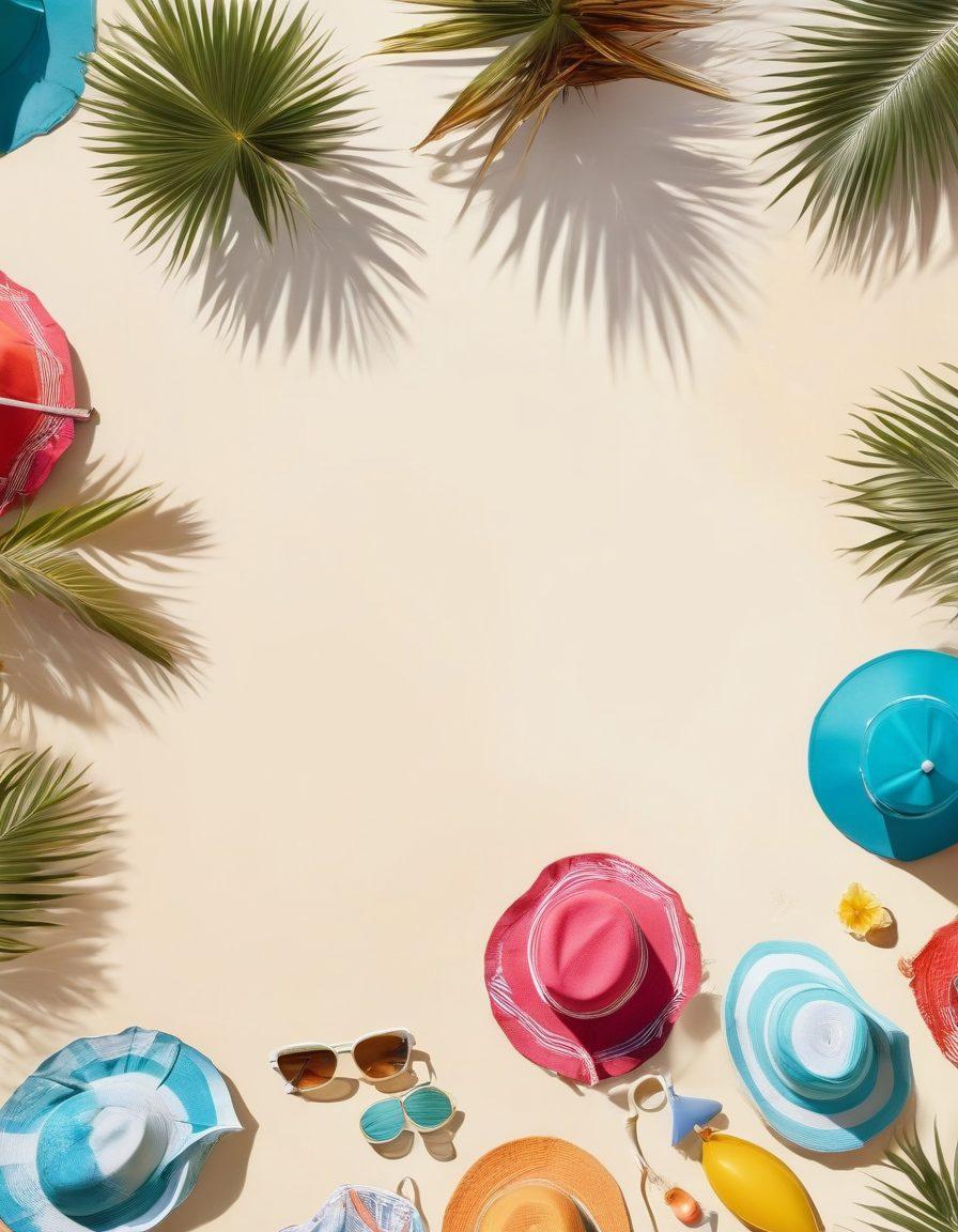 A vibrant beach scene featuring a diverse group of people showcasing trendy beachwear essentials, including stylish swimsuits, sunglasses, and sun hats. The sun is shining brightly in a clear blue sky, with soft waves gently lapping at a sandy shore. Tropical palm trees frame the scene, and colorful beach umbrellas add to the festive atmosphere. The overall mood is relaxed and cheerful, highlighting the joy of summer 2023. super-realistic. vibrant colors. white background.
